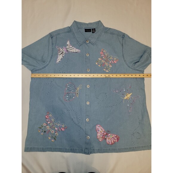 VTG Denim Button Up Blouse Top 4X Tag Embroidered Embellished Butterflies Floral - Picture 5 of 9